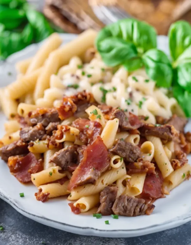 Beef bacon and baked pasta