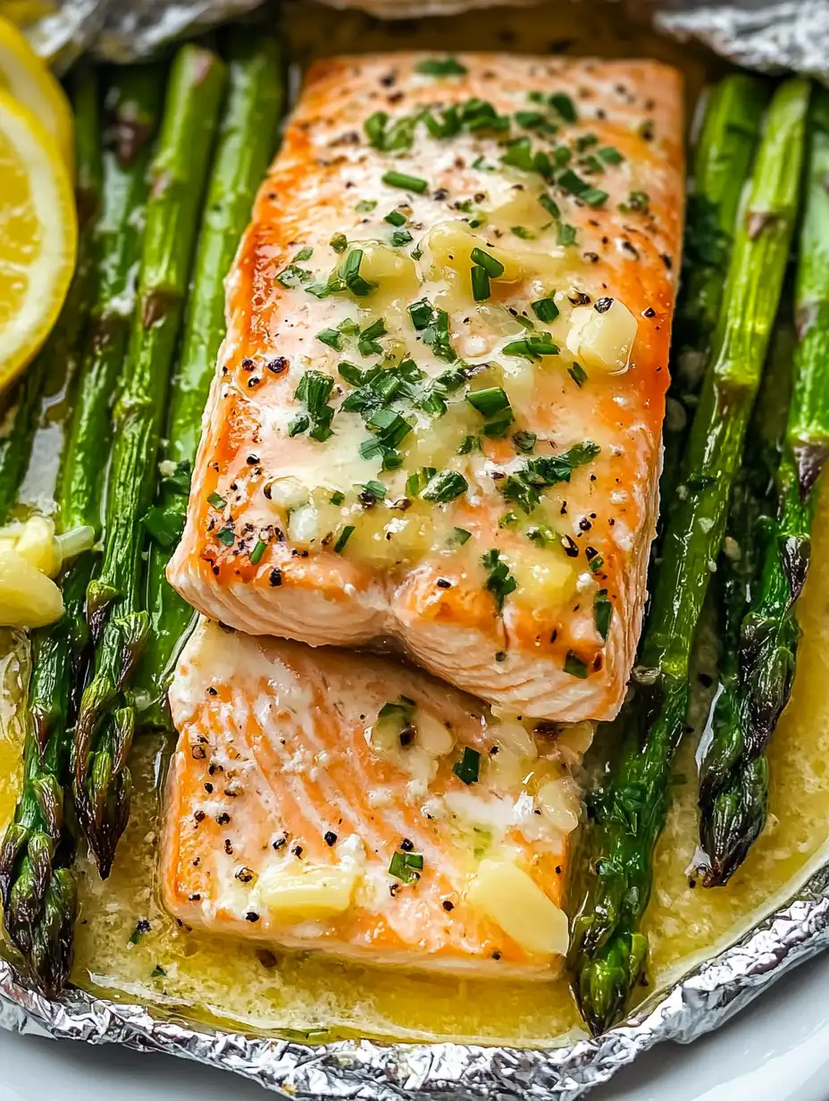 Baked Salmon with Asparagus & Lemon Garlic Sauce