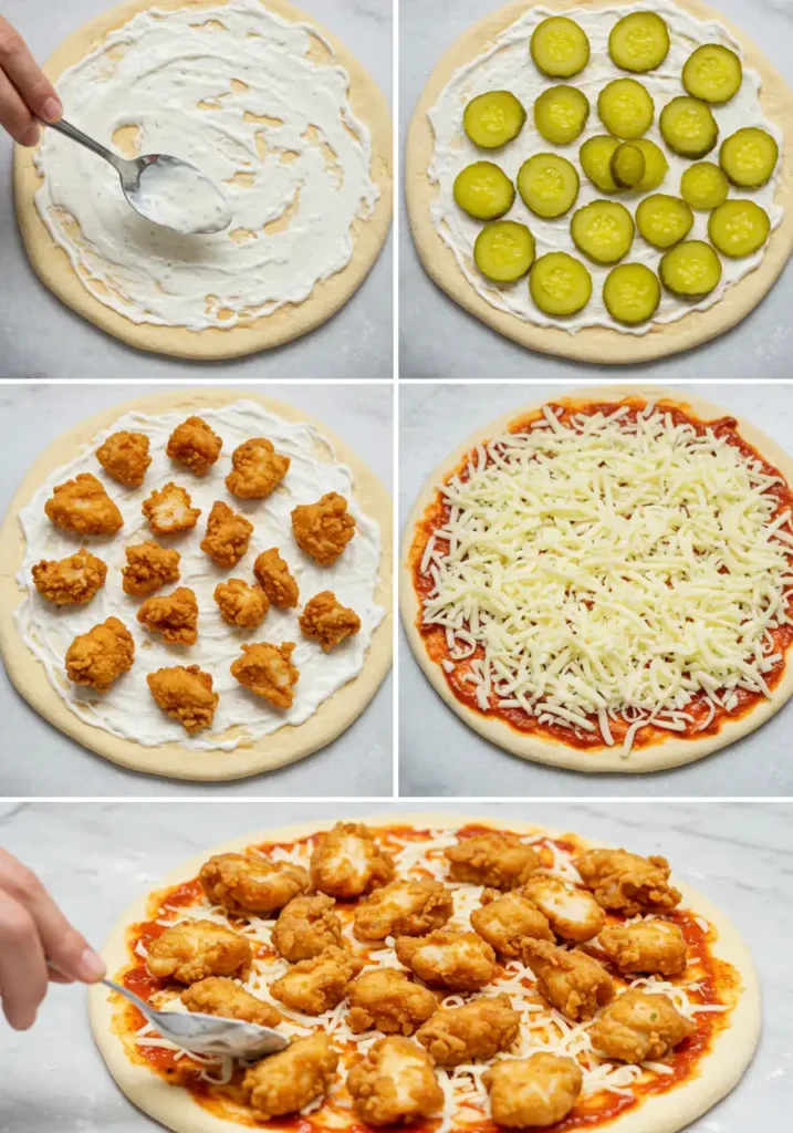 spreading sauce on chicken pickle pizza