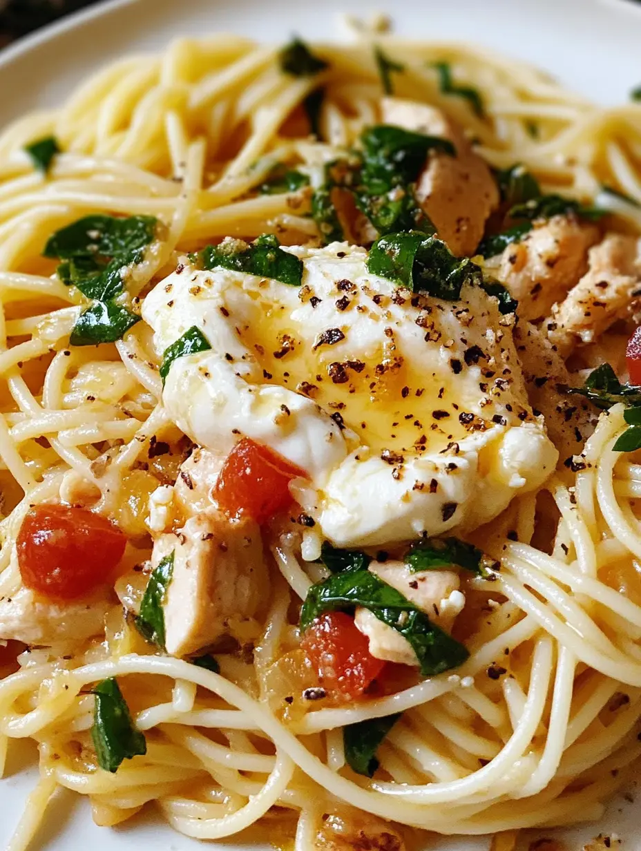 Chicken Spaghetti with Burrata and Lemon Butter Garlic Sauce