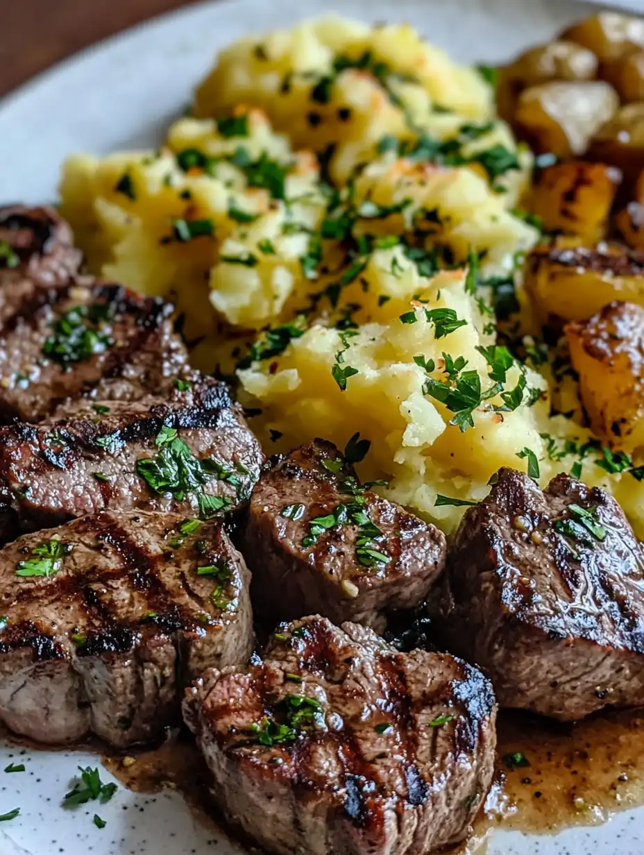 Garlic Butter Steak Bites and Cheesy Smashed Potatoes