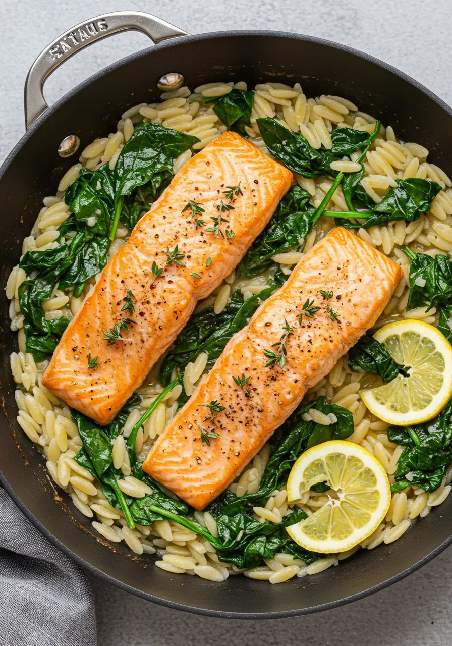 One Skillet Salmon with Lemon Orzo