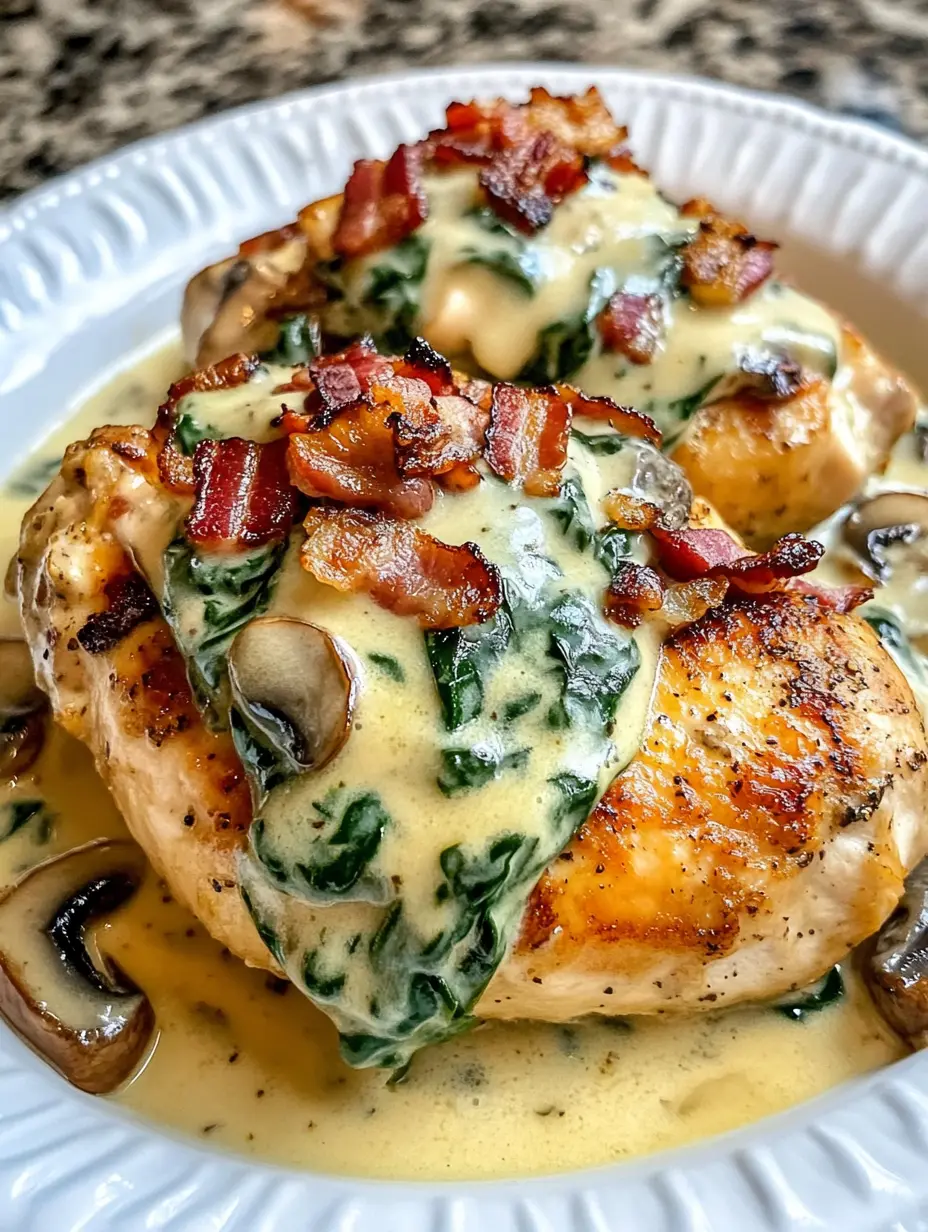 Smothered Chicken with Creamed Spinach, Bacon, and Mushrooms