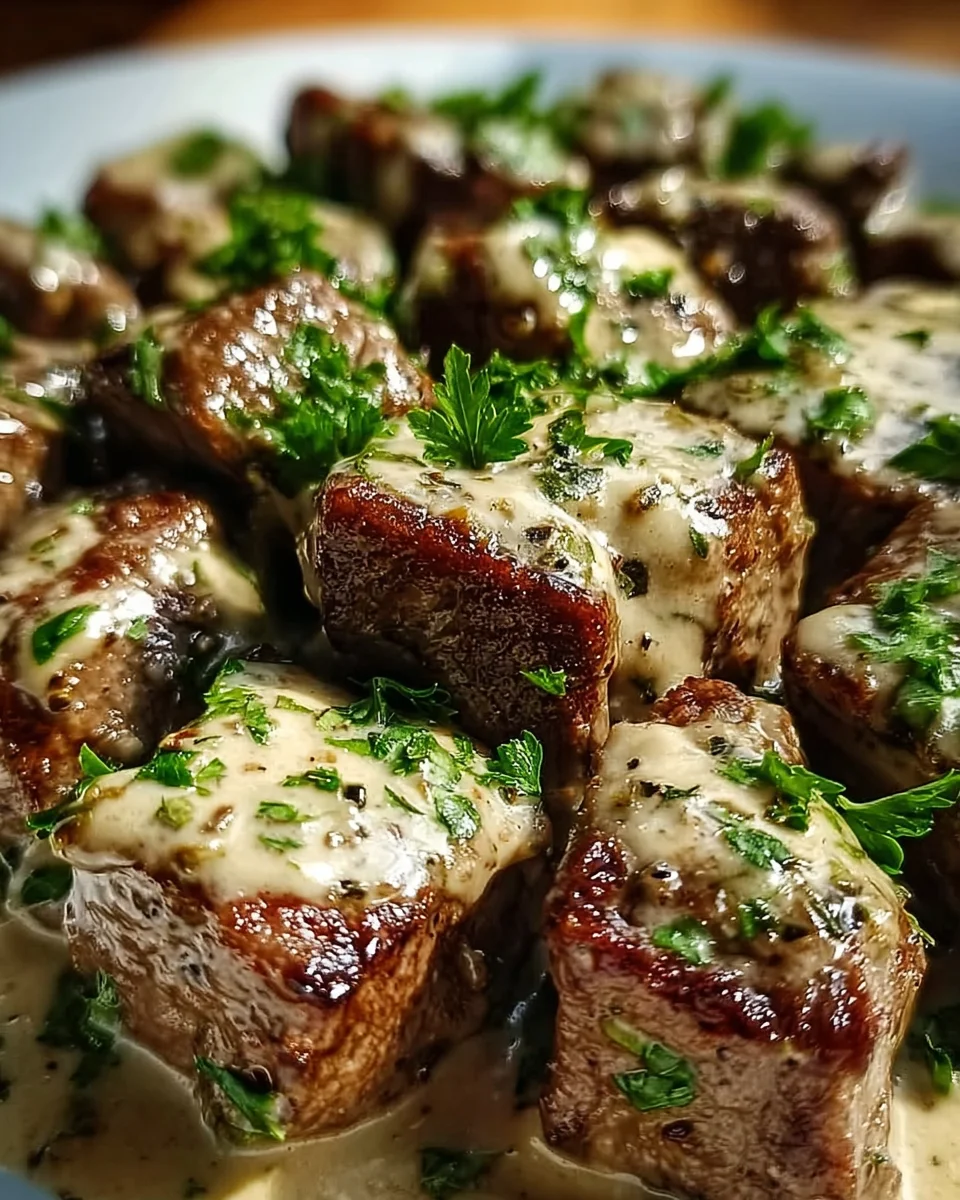 Tender Steak Bites in Garlic Butter with Creamy Parmesan Sauce