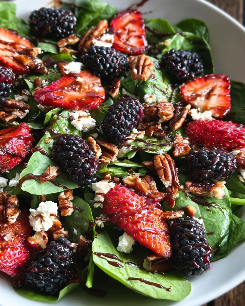 Berry Spinach Salad with Pecans, Feta, and Balsamic Glaze
